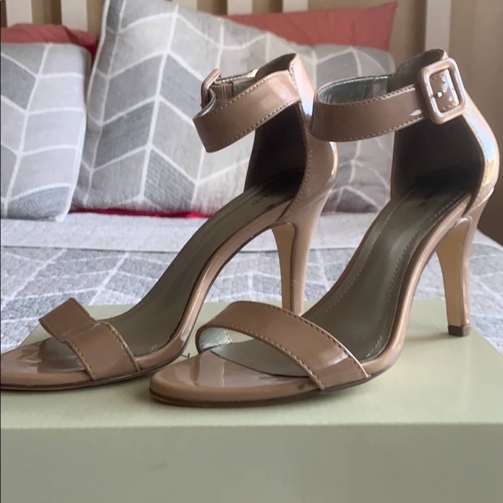 Nude patent heeled sandals